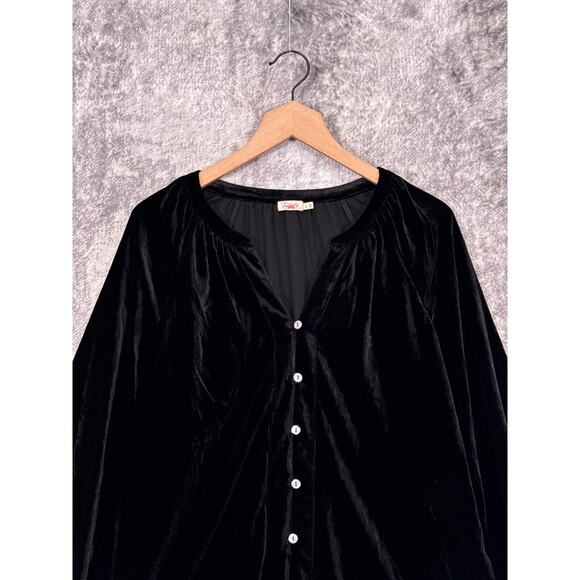 Faherty Top Small Womens Naomi Velvet Split V Neck Button Down Blouse In Black - Picture 2 of 8